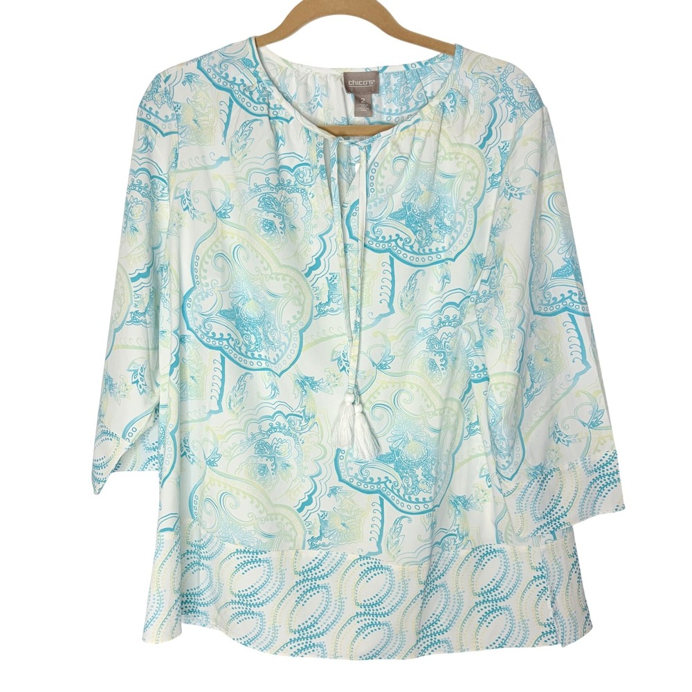 Chico's NWT Aligers Paisley Tassel Tunic Size Large Boho Blue Green White Blouse